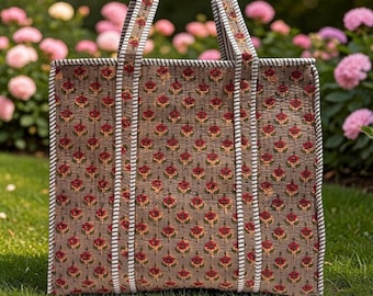 Hand block printed Quilted cotton tote bag with zip