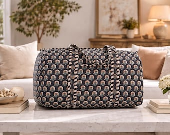 Block printed Indian Quilted cotton duffle  bag