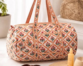 Block printed Indian Quilted cotton duffle  bag