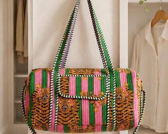 Quilted Cotton Tiger Print Duffle Bag,Gym Overnight, Shoulder bag