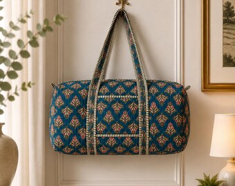 Block printed Indian Quilted cotton duffle  bag