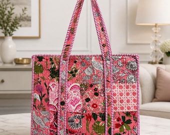 Patch work cotton tote bag with zip