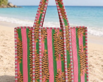 Handmade Jungle Print Quilted Cotton Tote Bag: Travel Beach Shopper,Bridesmaid Gift