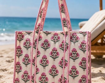 Handmade Quilted Cotton  White Tote Bag, Floral Block Print,Travel,Shopping, Shoulder,Beach Bag