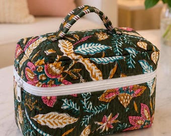 Block Print Makeup Bag | Handmade Quilted Toiletry Travel ,Makeup vanity,Cosmetic Organizer