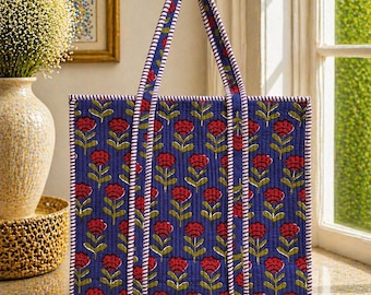 Block printed Quilted cotton tote bag