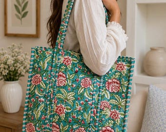 Quilted Cotton Tote Bag | Floral Block Print, Turquoise Blue, Everyday Shoulder,Travel Bag (18x18)