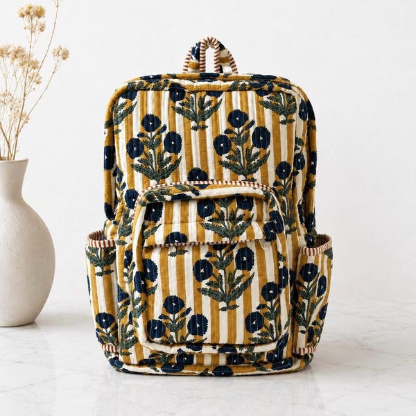 Handmade Block Printed Quilted Cotton Backpack, Floral Travel,weekend,holiday bag,overnight,School Bag