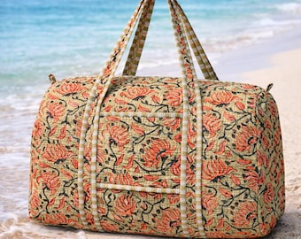 Block printed Indian Quilted cotton duffle  bag