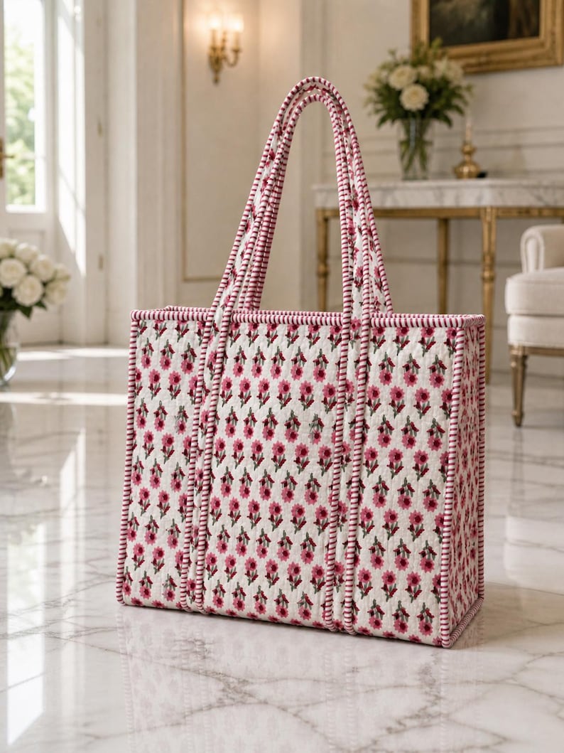 May include: A rectangular tote bag with a white background and a repeating pattern of small pink flowers. The bag has pink handles and trim. The bag is made of a quilted fabric.