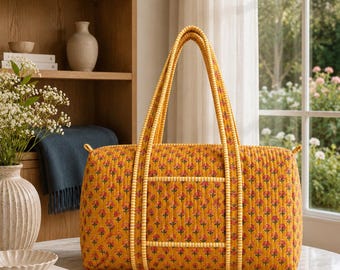 HandBlock printed Indian Quilted cotton duffle  bag
