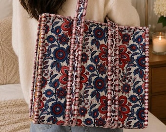 Block Printed Quilted Cotton Tote Bag, Floral Shoulder,Travel,Beach,Market,Shopping Bag