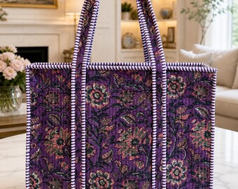 Hand block printed Quilted cotton tote bag with zip