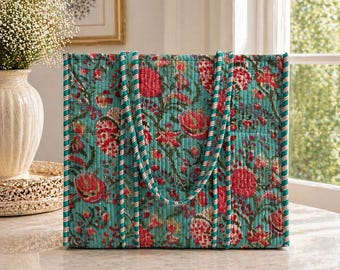 Block printed  design Quilted cotton tote bag without zip