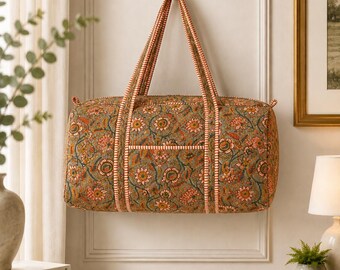 Block printed Indian Quilted cotton duffle  bag