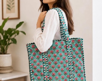 Handmade Quilted Cotton Tote Bag, Floral Block Print,Travel,Shopping, Shoulder Bag
