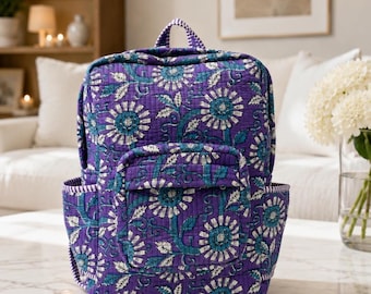 Quilted Cotton purple  Backpack, handmade, Floral Travel, weekend, overnight, School Bag