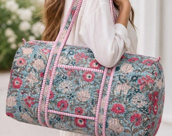 Block printed Indian Quilted cotton duffle  bag