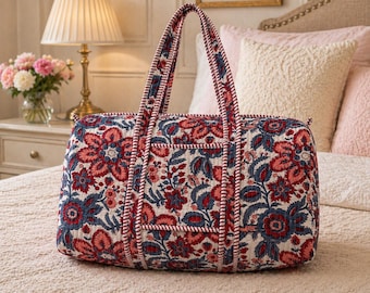 Block printed Indian Quilted cotton duffle  bag
