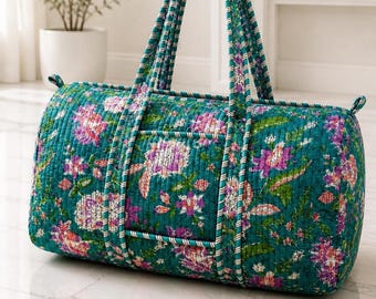 Block Printed Quilted Cotton Duffle Bag, Floral Boho Travel Weekender, overnight,Gym bag(45cmx30cmx24)