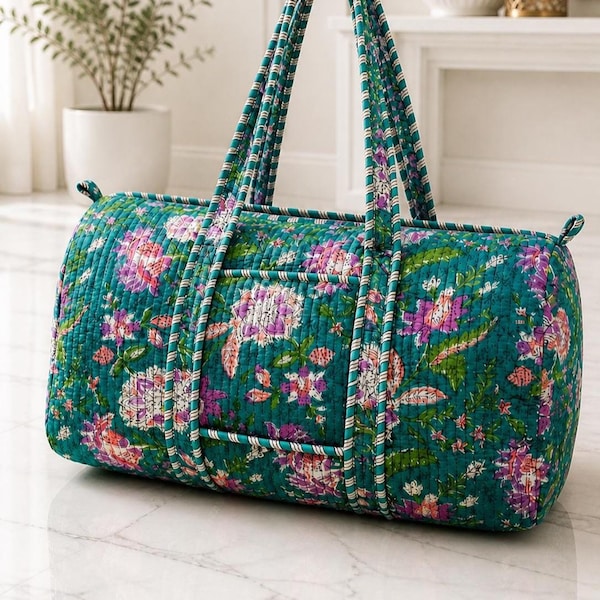 Quilted Cotton Duffle Bag, Floral Boho Travel Weekender,Overnight ,Gym bag(45cmx30cmx24)