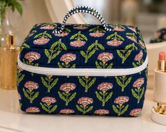 Floral Print Quilted Makeup Bag | Handmade Toiletry Travel Organizer