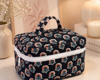 Block Print Black Makeup Bag | Handmade Quilted Toiletry Travel ,Makeup vanity,Cosmetic Organizer