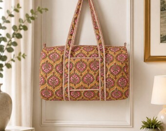 Block printed Indian Quilted cotton duffle  bag