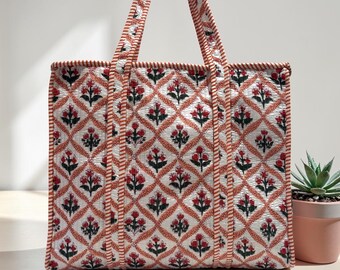 Block printed Quilted cotton tote bag