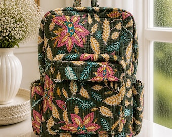 Quilted Floral Cotton Backpack, Lightweight Travel School Bag