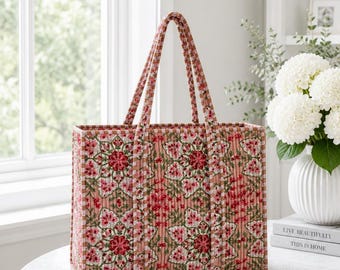 Block Printed Quilted Cotton Tote Bag | Pink Floral Zipper Shoulder Bag (18x18 inch)