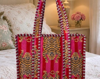 Handmade Tiger Print Quilted Cotton Tote Bag:Travel Beach Shopper