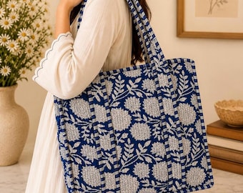 Quilted Cotton floral Tote bag,Block Print,Beach,bridesmaid gift,market,Shoulder,Travel bag