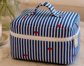 Stripe Heart Print Makeup Bag | Handmade Quilted Toiletry Travel Organizer