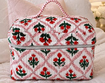 Block Print Makeup Bag | Handmade Quilted Toiletry Travel ,Makeup vanity,Cosmetic Organizer