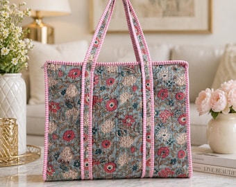 Hand block printed Quilted cotton tote bag with  zip