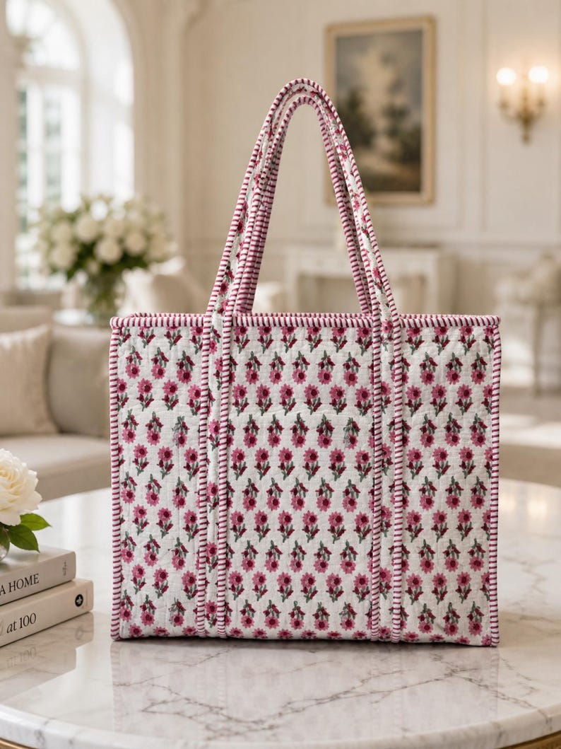 May include: A white tote bag with a floral pattern in shades of pink and green. The bag has a rectangular shape with matching pink handles and trim. The bag is sitting on a marble table.