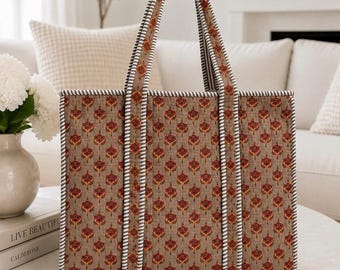Block Printed Quilted Cotton Tote Bag, Floral Market Travel,Shopping ,Shoulder Weekender Bag (18x18)