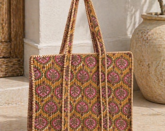 Block printed Quilted cotton tote bag