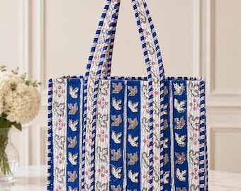 Quilted Cotton Tote Bag,Block print Floral Beach Market,Shopping ,Shoulder, Weekender bag (18x18)