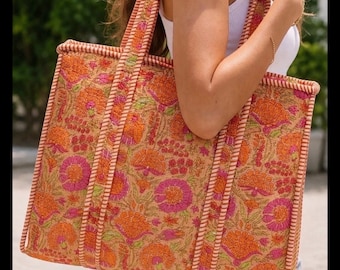Quilted Cotton Floral Tote Bag, Orange Beach Weekender,Shoulder ,Travel Bag (18x18)