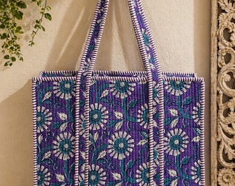 Block printed Quilted cotton tote bag