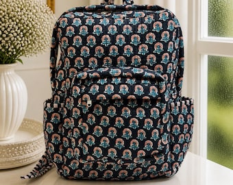 Quilted Floral Cotton Backpack, Lightweight Travel School Bag