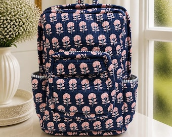 Quilted Floral Cotton Backpack, Lightweight Travel School Bag