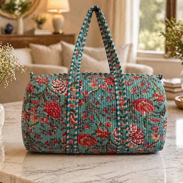Quilted  cotton Duffle Bag,handmade block printed, Bridesmaid,Travel,Gym,Overnight,weekend bag(45x30x24)