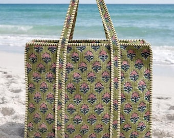 Block printed Quilted cotton tote bag with zip