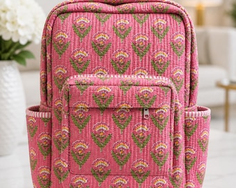 Quilted Floral Cotton Backpack, Lightweight Travel School Bag