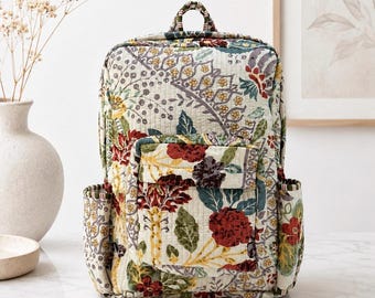 Handmade Block Print Quilted Cotton Backpack, Vintage Floral Travel Bag
