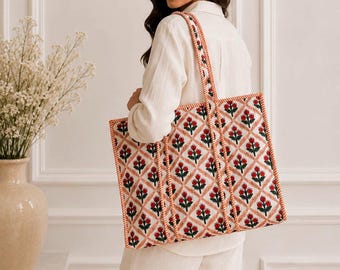 Quilted Cotton Floral Block Print Tote Bag | Boho Beach Weekender Shoulder,Travel  Bag (18x18)