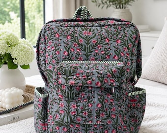 Quilted Floral Cotton Backpack, Lightweight Travel School Bag
